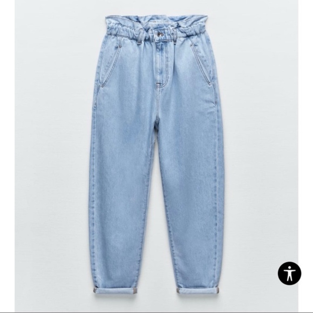 Vintage Zara light blue baggy paper bag jeans with elastic waistband